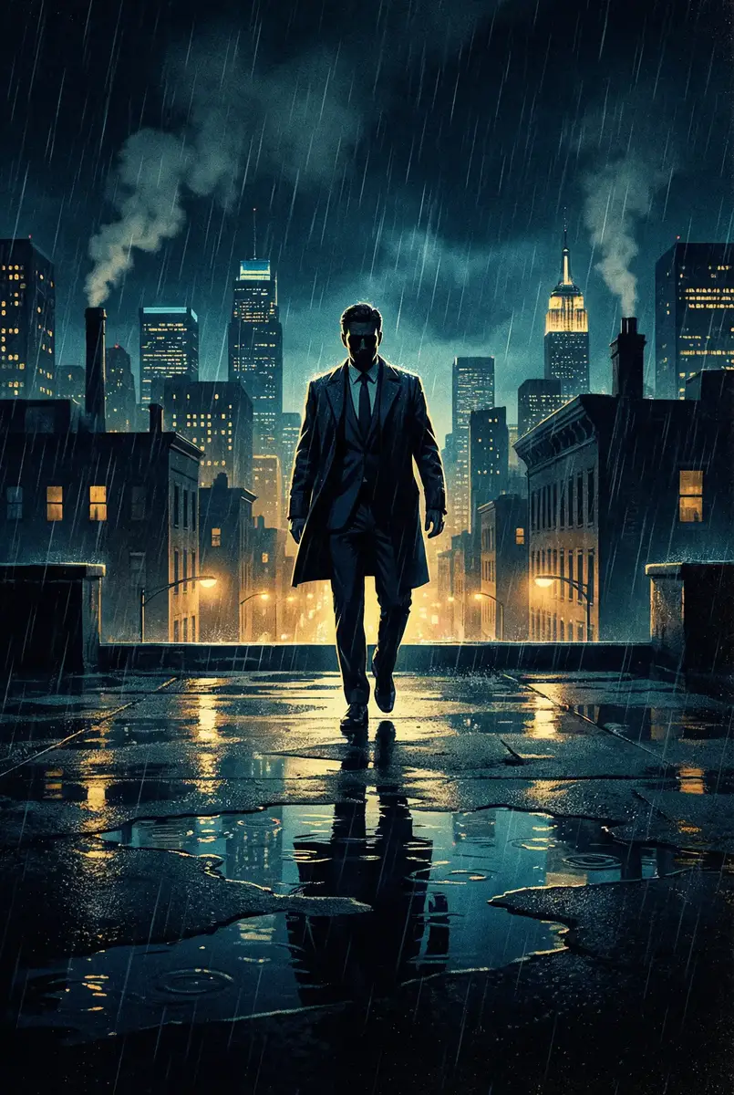 迷奸美女 出品影片《雨夜独行者》海报，雨中城市屋顶男性剪影